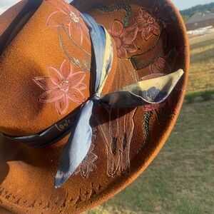 Burn/painted  Brown Hat with Floral Design